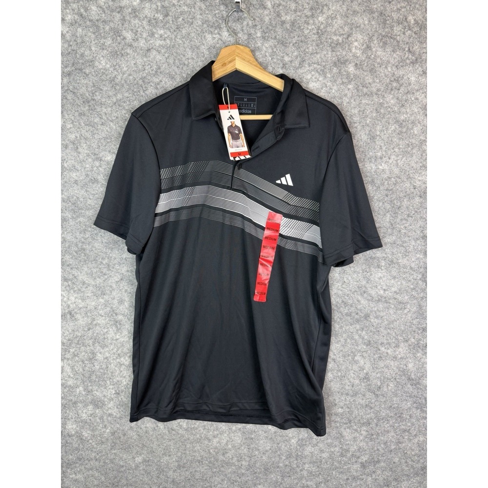 Adidas Golf Polo Shirt Medium Black Striped Core Shirt Sleeve Trefoil Graphic